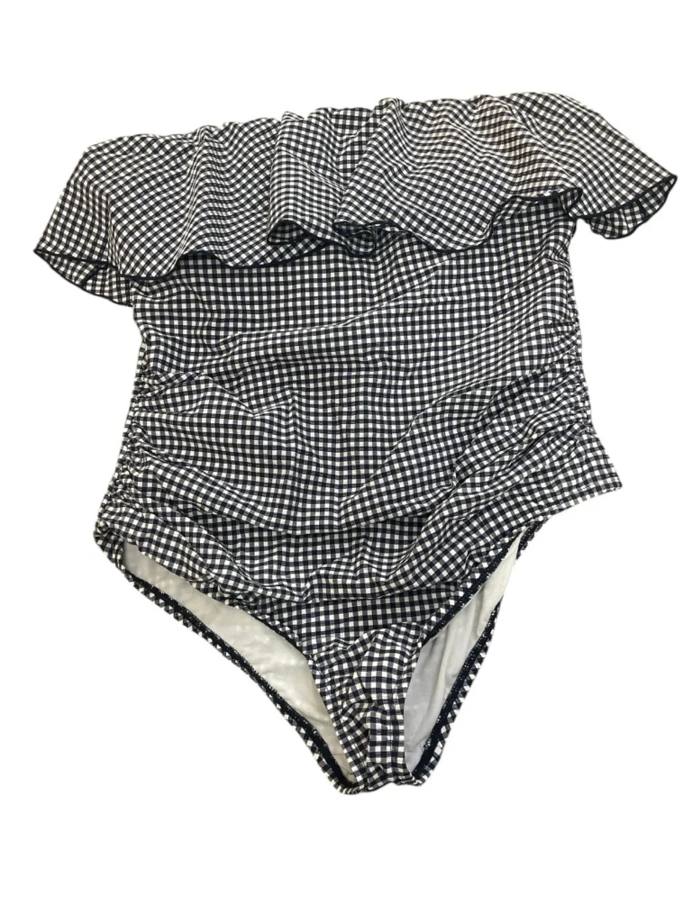 Kona Sol Navy & White Gingham Seersucker Ruffle Bandeau One-Piece Swimsuit - Picture 2 of 3